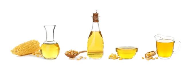 Foto op Plexiglas Set with fresh corn oil on white background © New Africa