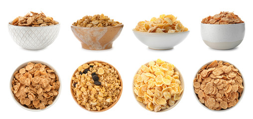 Set with bowls of breakfast cereals on white background. Healthy whole grain recipe