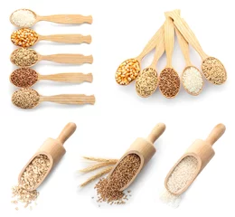Tuinposter Set with different cereal grains on white background, top view © New Africa