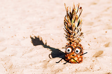 pineapple sits on the sand. pineapple looks and rejoices. emotions