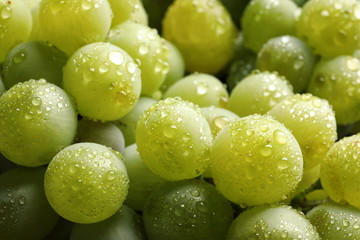 Bunch of green fresh ripe juicy grapes as background. Closeup view - obrazy, fototapety, plakaty