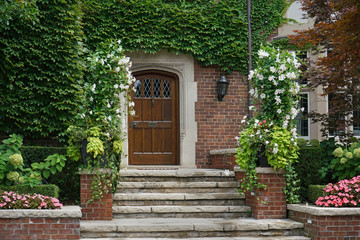 front steps of vine covered house