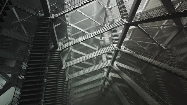 Brutalist stair maze descent loop. Bright white light and foggy atmosphere. 4KHD