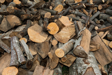 Background of stacked, dry chopped logs used for firewood.