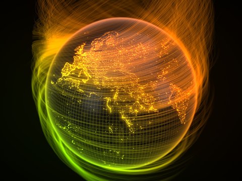 dark earth globe with glowing details and light rays. 3d illustration