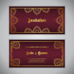 Luxury wedding invitation with golden ornament. Vector illustration