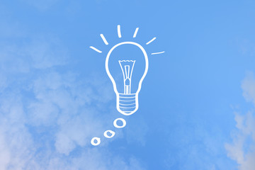 Light Bulbs on blue sky. Idea concept illustration. hand-drawn.