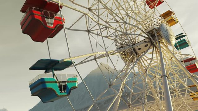 Colorful Ferris wheel spinning slowly in a mountain landscape in endless loop.