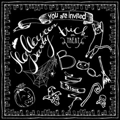 set of Halloween hand drawn elements, lettering and zombee teeth frame. Hand drawn sketches for your design of poster, cards, invitations, cover template of greeting card. Chalk drawing on blackboard