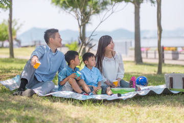 公園でレジャーシートに座りピクニックをする家族