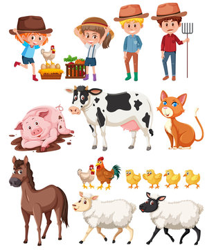 Farmer and animals on white background