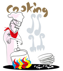 Chef waiting.

Chef looking at pot on the cooker.
