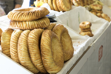 Traditional uzbekistan bread lavash at local bazaar, is a soft flat-bread of Middle Asia (Uzbekistan).
