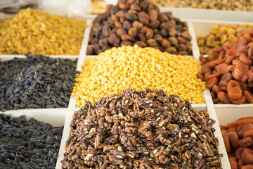 Dried fruits and nuts on local food market in Tashkent, Uzbekistan