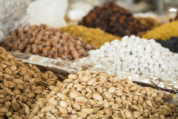Dried fruits and nuts on local food market in Tashkent, Uzbekistan