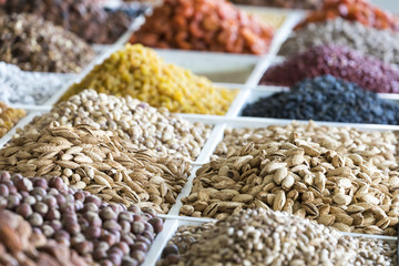 Dried fruits and nuts on local food market in Tashkent, Uzbekistan