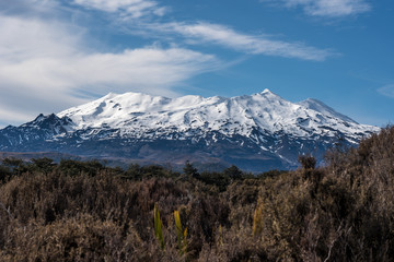 Snow covered Mount Ruapehu, an active volcano on the Central Plateau of the North Island of New Zealand. Viewed from the west.