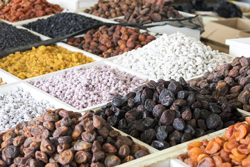 Dried fruits and nuts on local food market in Tashkent, Uzbekistan