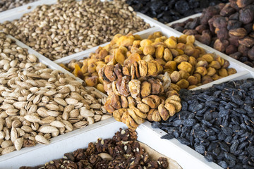 Dried fruits and nuts on local food market in Tashkent, Uzbekistan