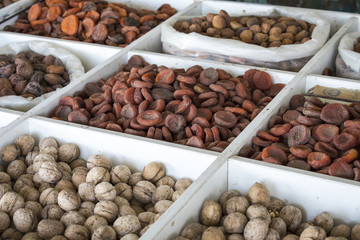 Dried fruits and nuts on local food market in Tashkent, Uzbekistan