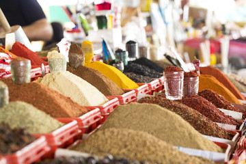 Traditional bazaar with spices in Tashkent, Uzbekistan.