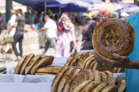 Traditional uzbekistan bread lavash at local bazaar, is a soft flat-bread of Middle Asia (Uzbekistan).