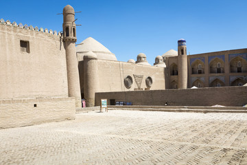 Historic buildings at Itchan Kala fortress in the historic center of Khiva. UNESCO world heritage site in Uzbekistan, Central Asia
