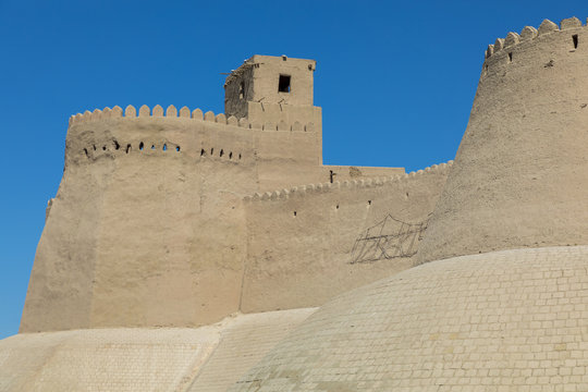 City walls of the ancient city of Khiva. UNESCO world heritage site in Uzbekistan, Central Asia.
