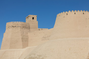 City walls of the ancient city of Khiva. UNESCO world heritage site in Uzbekistan, Central Asia.