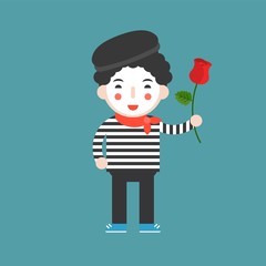 mime artist with rose, cute character, flat design