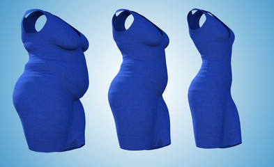 Conceptual fat overweight obese female dress outfit vs slim fit healthy body after weight loss or diet thin young woman on blue. A fitness, nutrition or fatness obesity health shape 3D illustration
