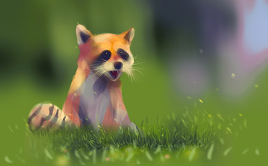 Digital illustration art painting style a raccoon smiling and sitting on spring green grass.