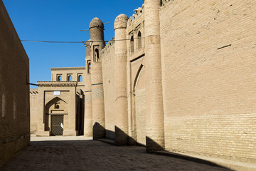 Historic buildings at Itchan Kala fortress in the historic center of Khiva. UNESCO world heritage site in Uzbekistan, Central Asia