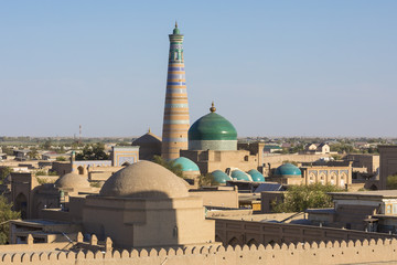 Panoramic view of the main monuments of Khiva, Uzbekistan. UNESCO world heritage site in Central Asia.