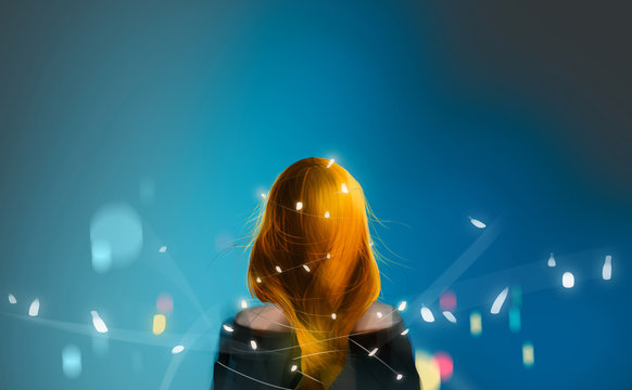 beautiful blonde red hair girl with Christmas fairy lights against dark blue midnight, digital illustration art painting design style.