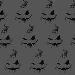 Naklejka premium Sinister black smile on a gray background. Seamless pattern. Halloween. shame and a nightmare. pumpkin