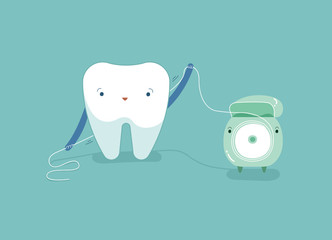 Tooth using dental floss for white teeth, dental vector concept.