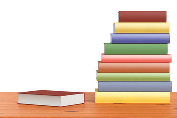 Wooden bookshelf with stack of colored books