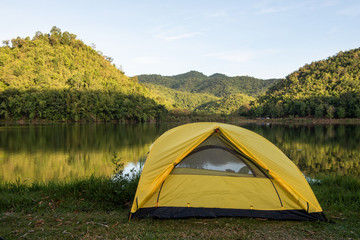 Tourist  tent camping at lake side in Thailand