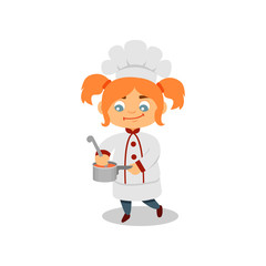 Cute kid cooking soup or sauce. Funny little girl with ponytails in chef uniform. Flat vector design