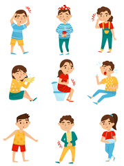 Flat vector set of sick children. Little boys and girls with different sicknesses. Cold, tooth pain, allergy or influenza, stomach ache, broken arm