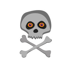 Vector cartoon skeleton scull with orange eyes isolated on white background.