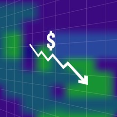 dollar money fall down icon symbol with blur background. arrow decrease economy stretching rising drop. Business lost crisis decrease. cost reduction bankrupt icon. vector illustration.