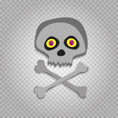 Vector cartoon skeleton scull with yellow red eyes isolated on transparent background.