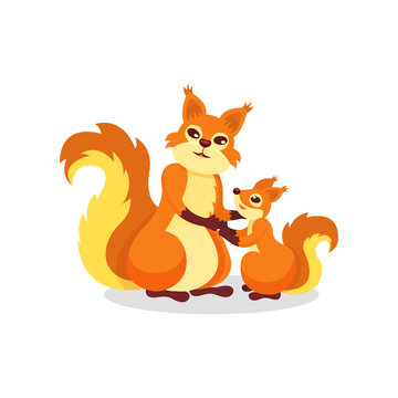 Mother squirrel and her little baby. Cute forest rodents with fluffy tails. Flat vector element for children book or postcard