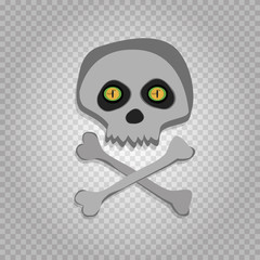 Vector cartoon skeleton scull with yellow angry eyes isolated on transparent background.