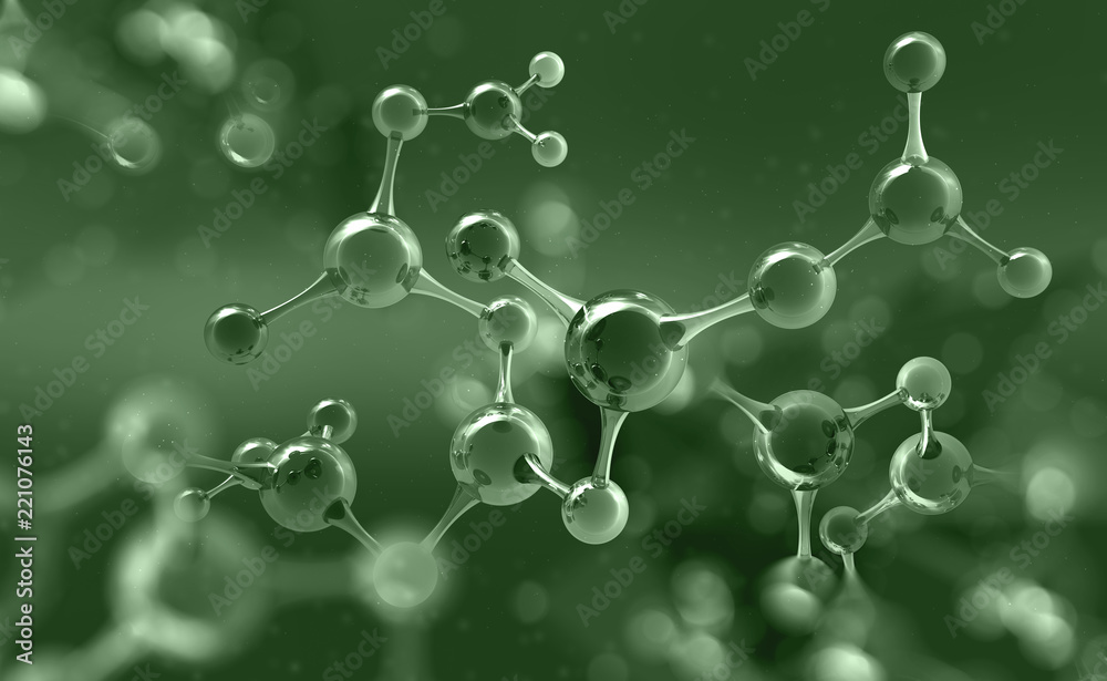 Poster Molecule. Hi Tech technology in the field of genetic engineering. Scientific breakthrough in molecular synthesis. 3D illustration on a futuristic background