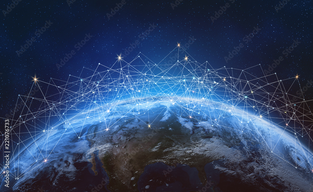 Poster Global network across the planet Earth.  Blockchain. Elements of this image furnished by NASA