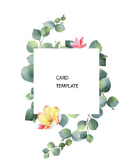 Watercolor vector card template design with eucalyptus leaves and flowers.