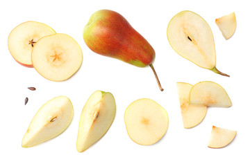 pear with slices isolated on white background. top view